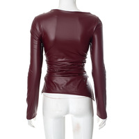 Leather paneled gathered slim fit sexy top - Thumbnail 2