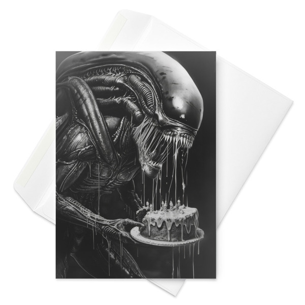 Alien Indulgence - Gothic Xenomorph Birthday Card, Messy Cake Encounter, Sci-Fi Horror Celebration, Unique Extraterrestrial Greeting