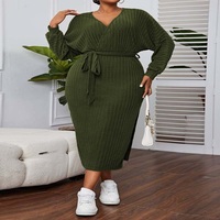 Women's Large Size Army Green V-Neck Lantern Sleeve Dress - Thumbnail 2