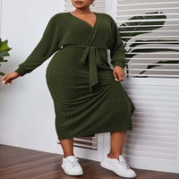 Women's Large Size Army Green V-Neck Lantern Sleeve Dress - Thumbnail 3
