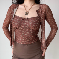 Retro floral camisole two-piece cardigan top - Thumbnail 3