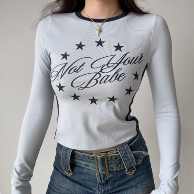 Retro letter print round neck straight shoulder long sleeve T-shirt