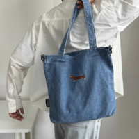 Dachshund embroidered distressed crossbody single shoulder handbag denim canvas bag - Thumbnail 1