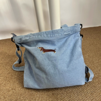 Dachshund embroidered distressed crossbody single shoulder handbag denim canvas bag - Thumbnail 6