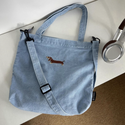 Dachshund embroidered distressed crossbody single shoulder handbag denim canvas bag