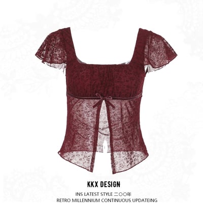 Square collar small flying sleeve top women's summer sexy slit slim short sleeve t-shirt