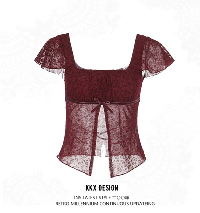 Square collar small flying sleeve top women's summer sexy slit slim short sleeve T-shirt
