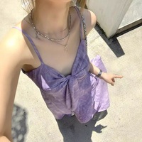 Large size tie-dye suspender long skirt purple bow slit V neck A-line skirt - Thumbnail 2