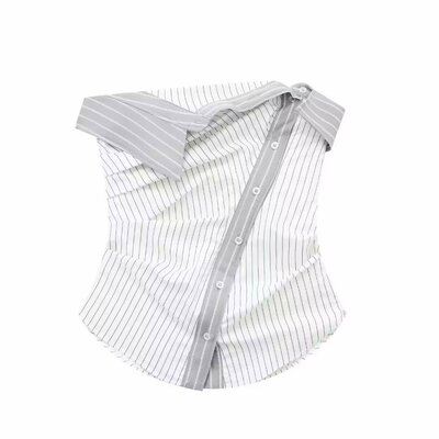Fashion striped slant-breasted button-down slim tube top - Thumbnail 3