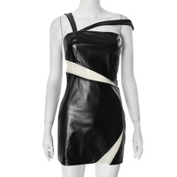 Leather and mesh oblique shoulder strap sexy slim hip dress - Thumbnail 4