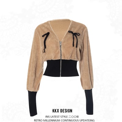 Bowknot v-neck long-sleeved coat for women in winter, lamb fleece with waist and slim fit