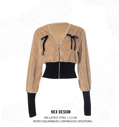 Bowknot V-neck long-sleeved coat for women in winter, lamb fleece with waist and slim fit
