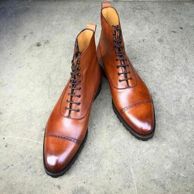 Handmade men brown leather ankle high lace up boot