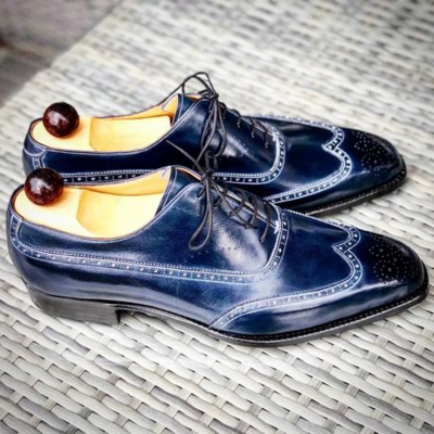Blue patina leather wingtip oxford lace up dress shoes