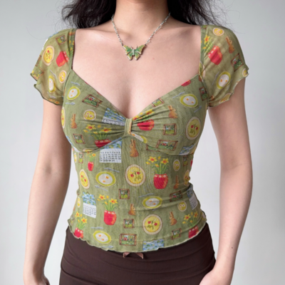 Bowknot v-neck hollow print long-sleeved t-shirt