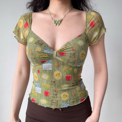 Bowknot V-neck hollow print long-sleeved T-shirt