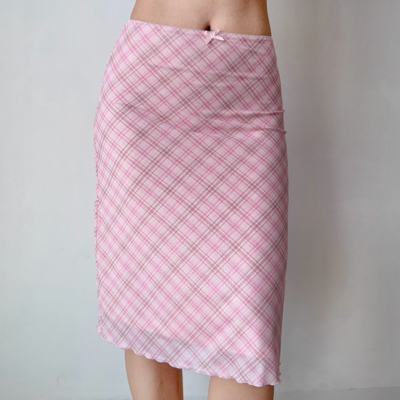 Pink plaid elastic waist mesh skirt