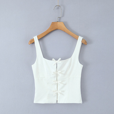 Solid color simple holiday casual backless bow top
