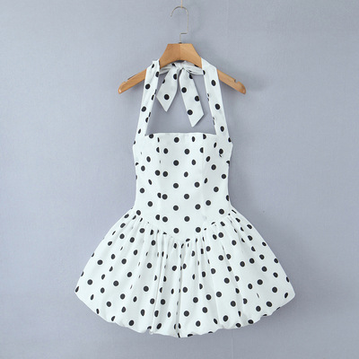 Drawstring waist polka dot halter neck tutu mini dress