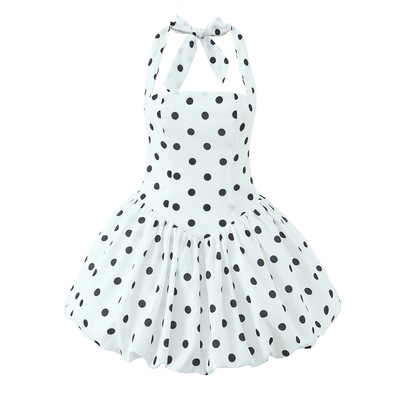 Drawstring waist polka dot halter neck tutu mini dress