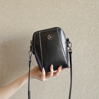 Genuine Leather Women Shoulder Bag Mobile Phone Bag Black