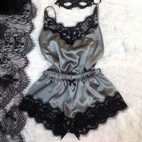  Women Sexy Lace Trim Satin Cami Top Pajama Sets  - Thumbnail 2