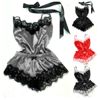  Women Sexy Lace Trim Satin Cami Top Pajama Sets  - Thumbnail 4
