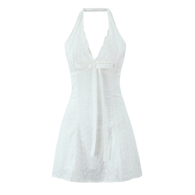 Holiday style casual halter neck bow sexy lace embroidered dress - Thumbnail 3