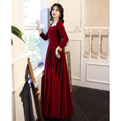 Fashion burgundy square collar long sleeve back zipper evening dress bride wedding prom gowns 