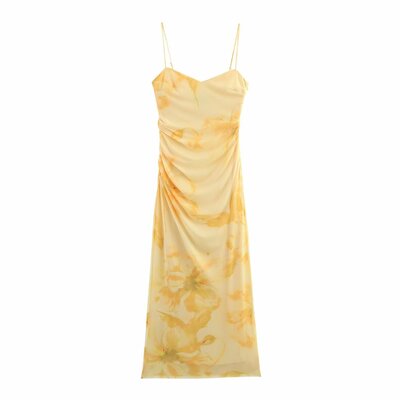 Elegant casual printed tulle midi sling dress
