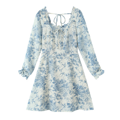 Retro Bird Floral Print Small Square Neck Backless Lace-up Long Sleeve Dress