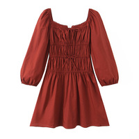 Retro pleated square neck lace-up lace elastic waist nine-point sleeve dress - Thumbnail 1