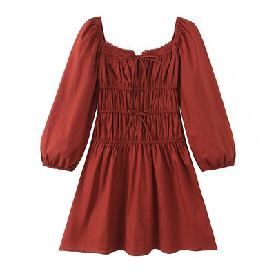 Retro pleated square neck lace-up lace elastic waist nine-point sleeve dress
