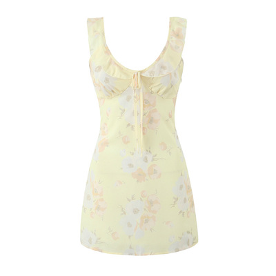 Printed ruffled suspender dress french v-neck sexy slim hip mini skirt - Thumbnail 3