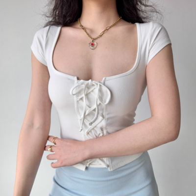 Lace-up design square neck short-sleeved T-shirt women's top