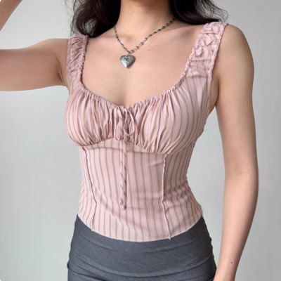 Drawstring striped vest women's slim fit sleeveless top
