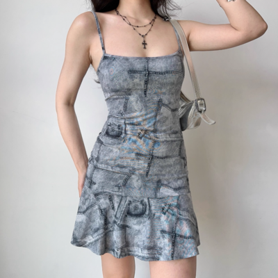 Imitation denim printed dress suspender skirt ruffled short skirt - Thumbnail 1