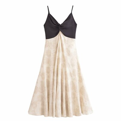 Temperament contrast color stitching jacquard suspender long skirt