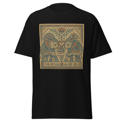 Elephant love art t-shirt, warli tribal design, symmetrical patterns, 4k details, cultural heritage