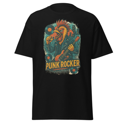 Unisex Vintage Punk Rocker Chicken T-Shirt | Retro Tattoo Art, 70s Punk Scene, Ed Hardy Style & High Detail - Several Colors