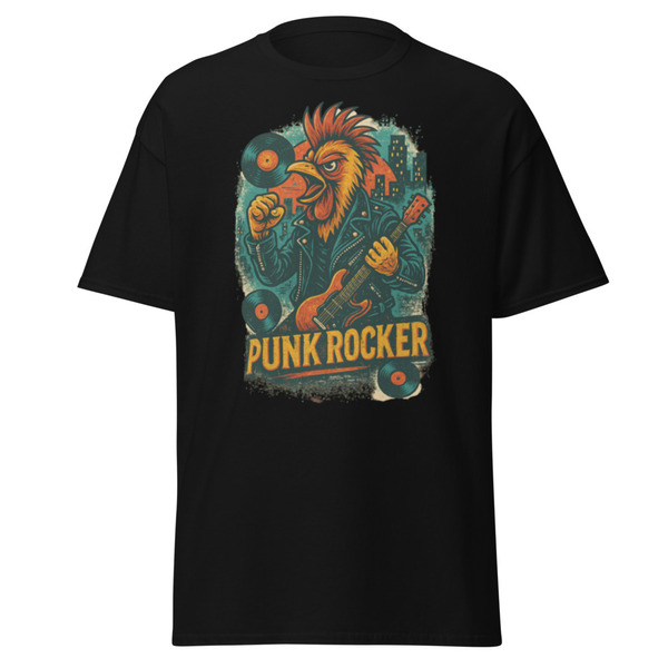 Unisex Vintage Punk Rocker Chicken T-Shirt | Retro Tattoo Art, 70s Punk Scene, Ed Hardy Style & High Detail - Several Colors