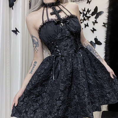 Sexy black cross strap halter flare dress