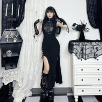 Gothic Sheer Patchwork Sleeveless Lace-up Maxi Dress - Thumbnail 7