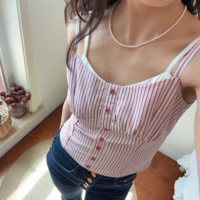 Retro striped camisole sexy slim fit fake two piece top - Thumbnail 1