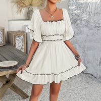 Casual holiday style solid color ruffled short-sleeved dress - Thumbnail 3