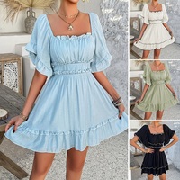Casual holiday style solid color ruffled short-sleeved dress - Thumbnail 4