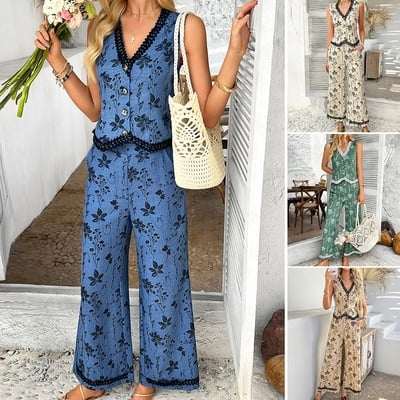 Bohemian style printed lace cardigan vest long pants suit women's clothing
