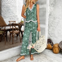 Bohemian style printed lace cardigan vest long pants suit women's clothing - Thumbnail 1