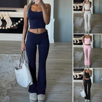 Women's casual sports style solid color knitted vest trousers suit