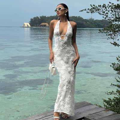 Summer new tube top jacquard seaside holiday tight dress